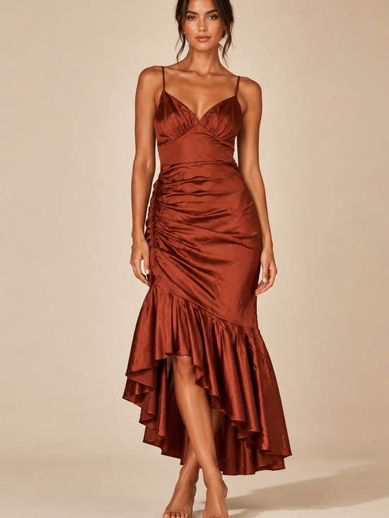 Db Studio Dresses & Skirts - NWT Db Studio Ruched High-Low Satin Slip Dress in Copper Brown